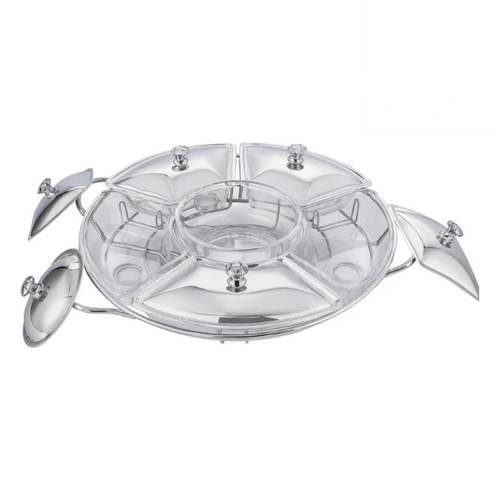 Rechaud Giratório Com 6 Compartimentos Aço Inox e Vidro 52cm